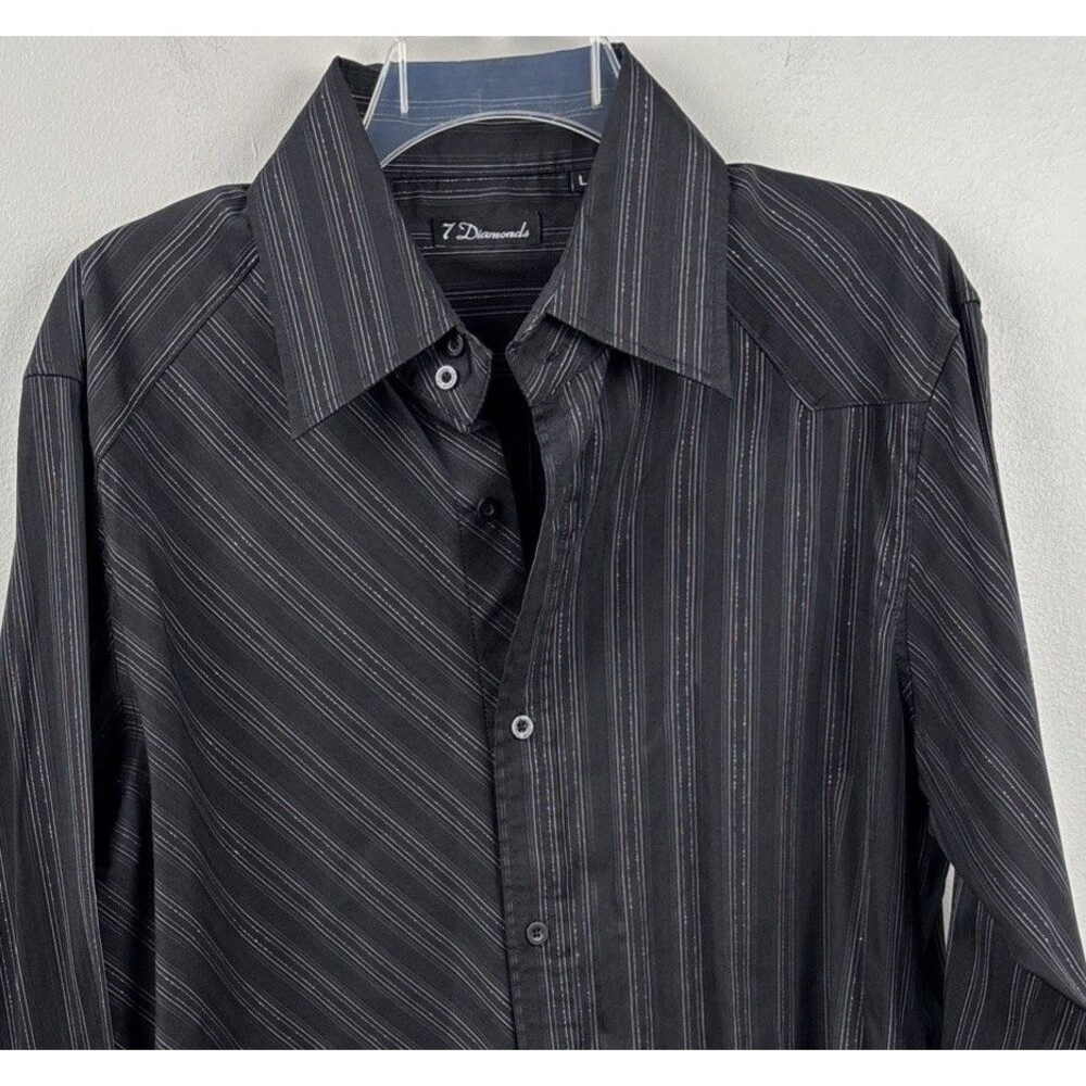7 Diamonds Black Long Sleeve FRENCH CUFF Button Up Shirt Mens Size Large Pattern
